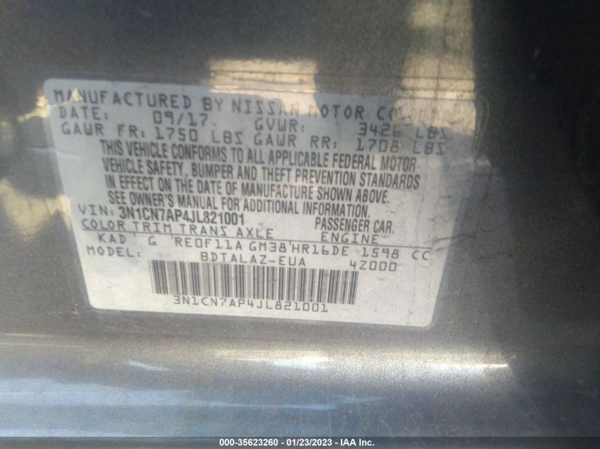 2018 NISSAN VERSA SEDAN S PLUS 3N1CN7AP4JL821001