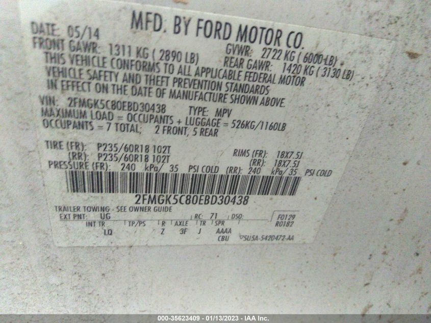 2014 FORD FLEX SEL 2FMGK5C80EBD30438