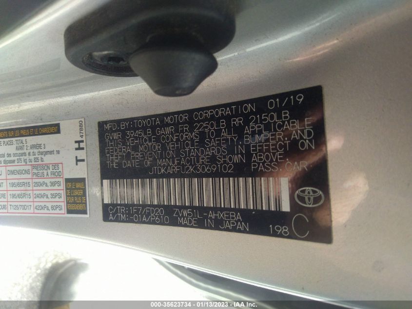 2019 TOYOTA PRIUS L ECO/LE/XLE/LIMITED - JTDKARFU2K3069102