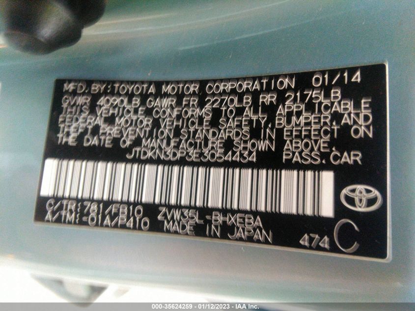 2014 TOYOTA PRIUS PLUG-IN JTDKN3DP3E3054434