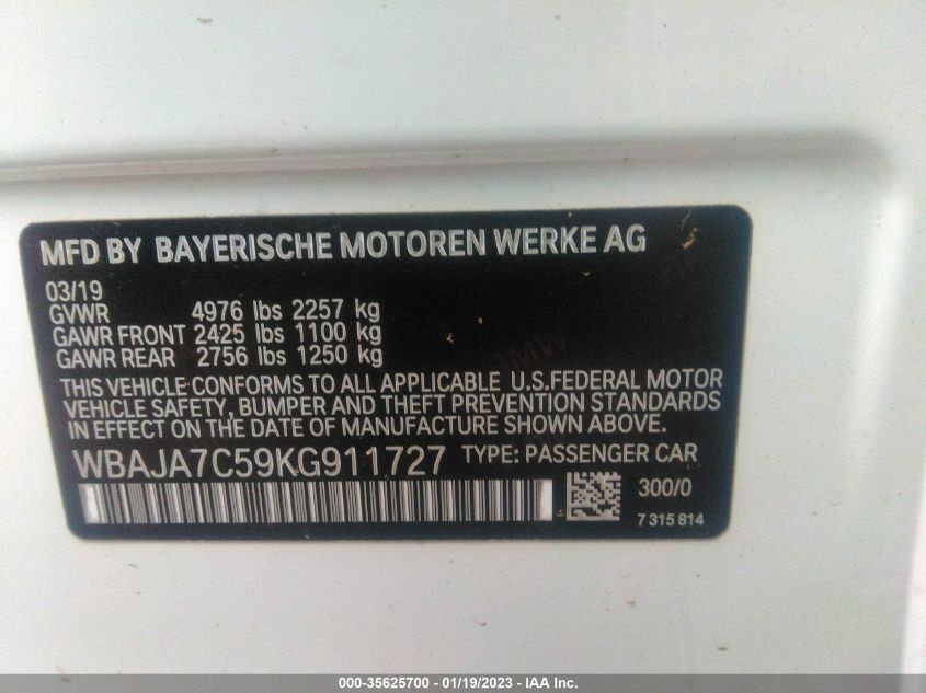 2019 BMW 5 SERIES 530I XDRIVE - WBAJA7C59KG911727