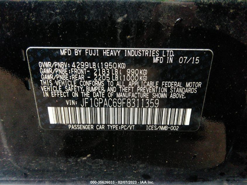 2015 SUBARU IMPREZA WAGON 2.0I PREMIUM JF1GPAC69F8311359