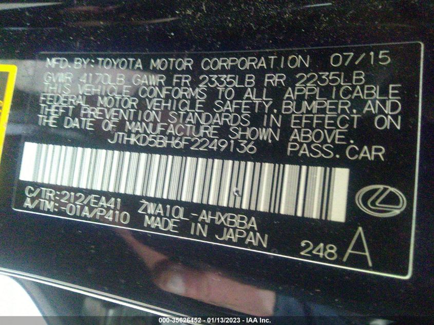 2015 LEXUS CT 200H HYBRID - JTHKD5BH6F2249136