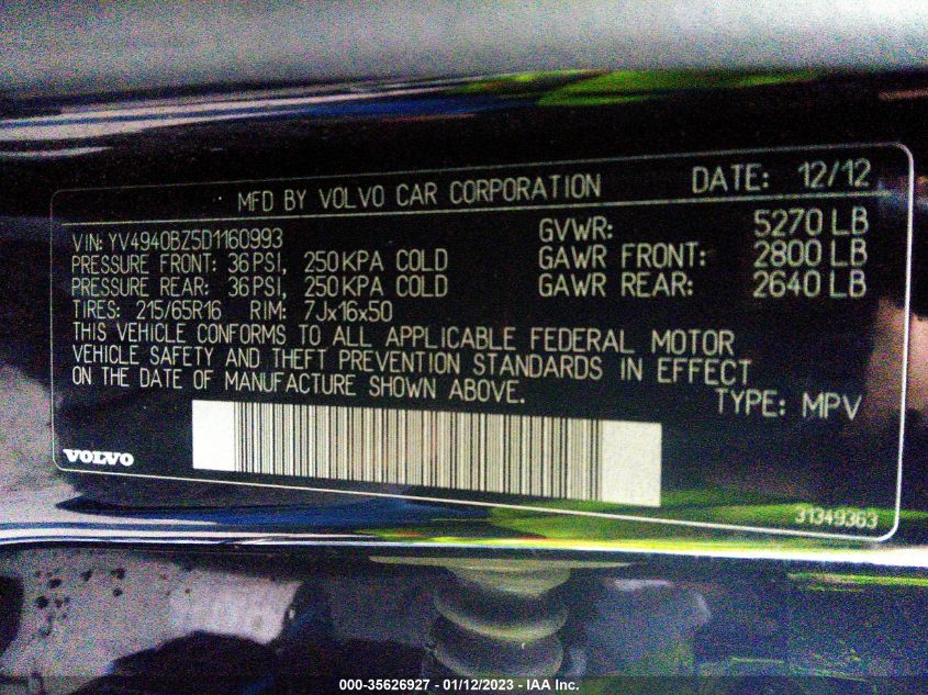 2013 VOLVO XC70 3.2L YV4940BZ5D1160993