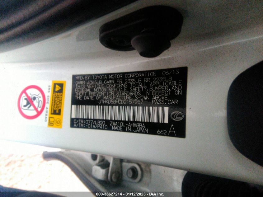2013 LEXUS CT 200H HYBRID JTHKD5BH0D2157257