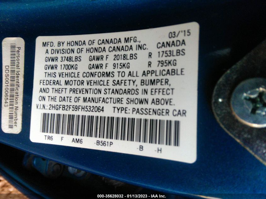 2015 HONDA CIVIC SEDAN LX 2HGFB2F59FH532064