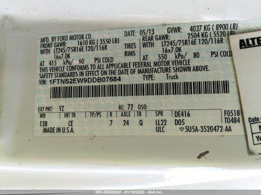 2013 FORD ECONOLINE CARGO VAN COMMERCIAL/RECREATIONAL 1FTNS2EW9DDB07684