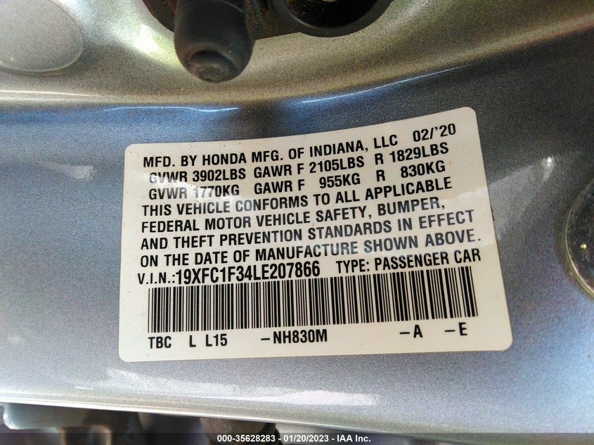 VIN 19XFC1F34LE207866 2020 HONDA CIVIC SEDAN EX