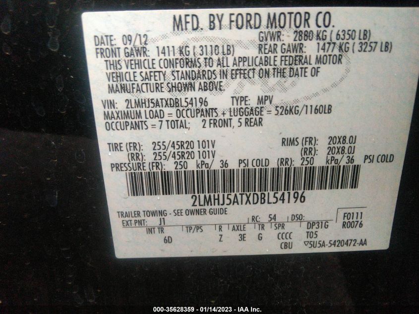 2013 LINCOLN MKT ECOBOOST - 2LMHJ5ATXDBL54196