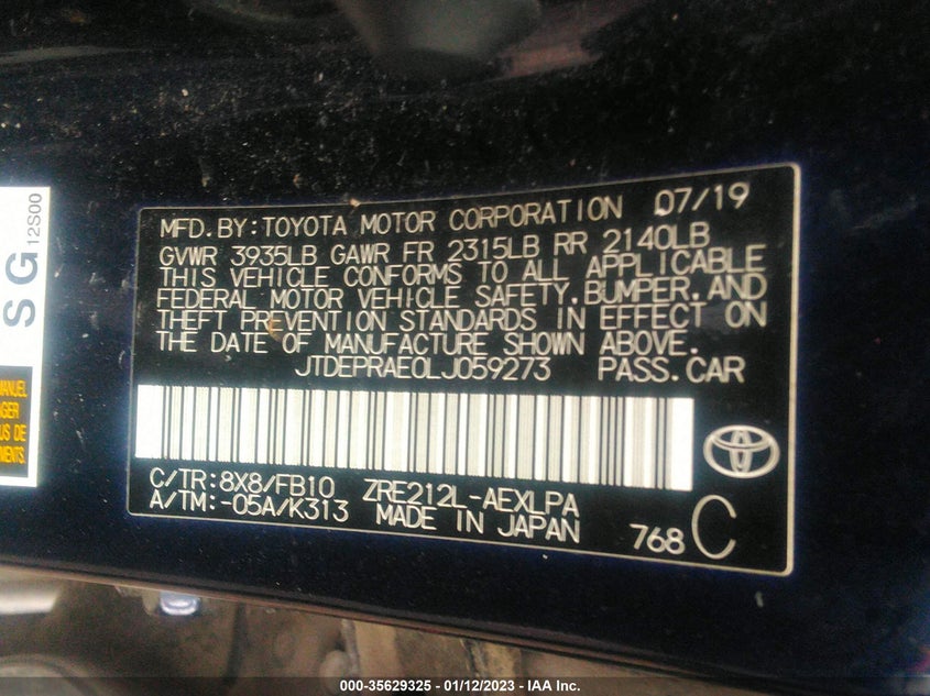 VIN JTDEPRAE0LJ059273 2020 TOYOTA COROLLA LE