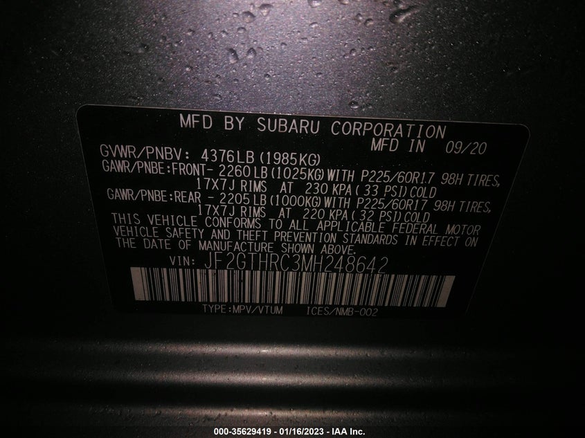 VIN JF2GTHRC3MH248642 2021 SUBARU CROSSTREK SPORT