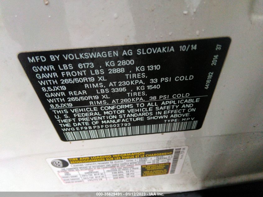 2015 VOLKSWAGEN TOUAREG LUX WVGEF9BP3FD002793