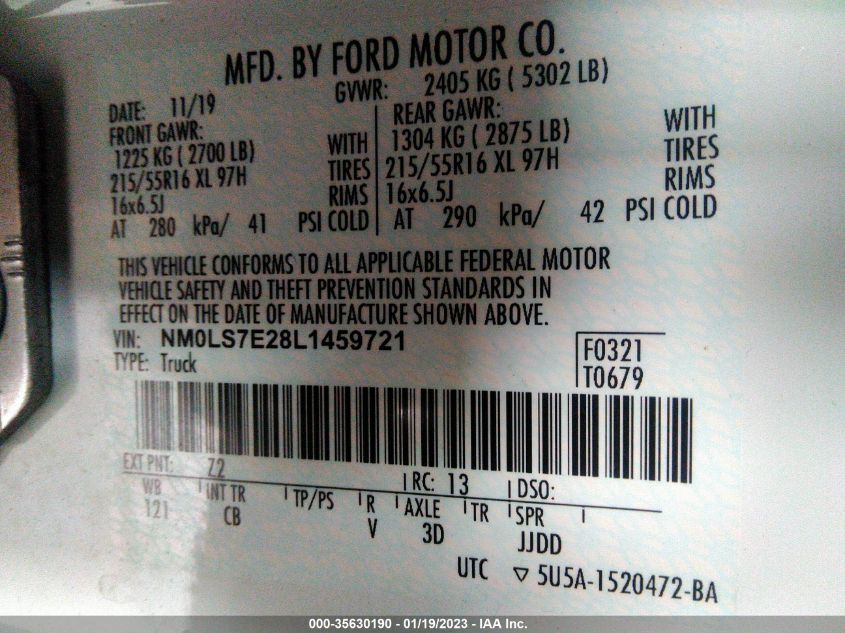 2020 FORD TRANSIT CONNECT XL CARGO VAN - NM0LS7E28L1459721