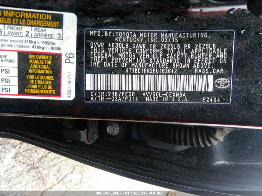 2015 TOYOTA CAMRY HYBRID LE 4T1BD1FK2FU162642
