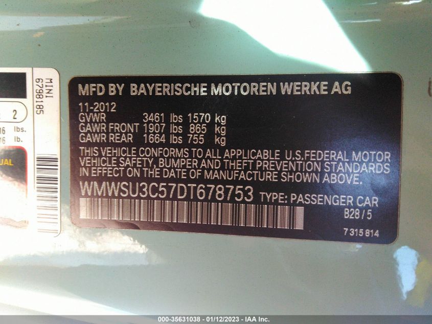 2013 MINI COOPER HARDTOP WMWSU3C57DT678753