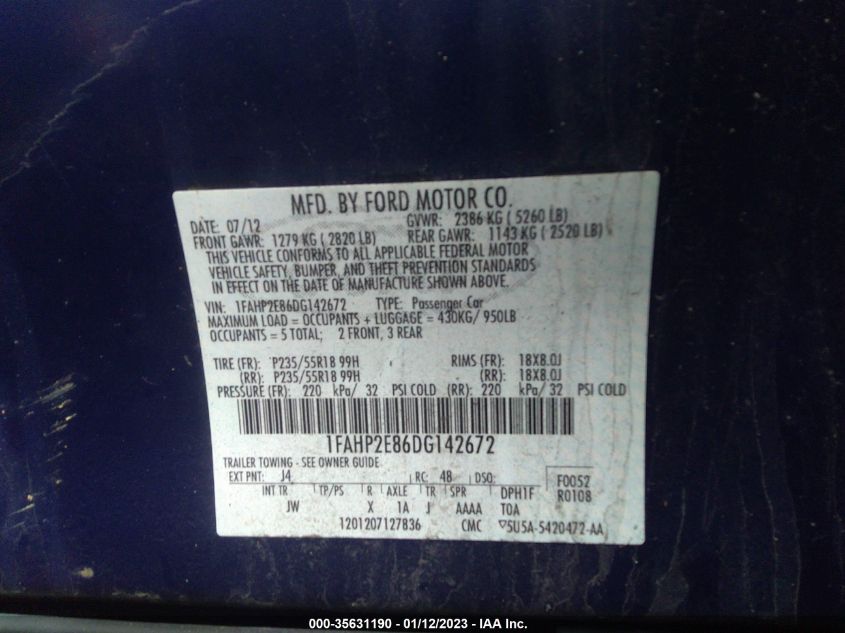 2013 FORD TAURUS SEL - 1FAHP2E86DG142672