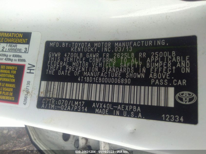 2013 TOYOTA AVALON HYBRID XLE PREMIUM 4T1BD1EB0DU006890