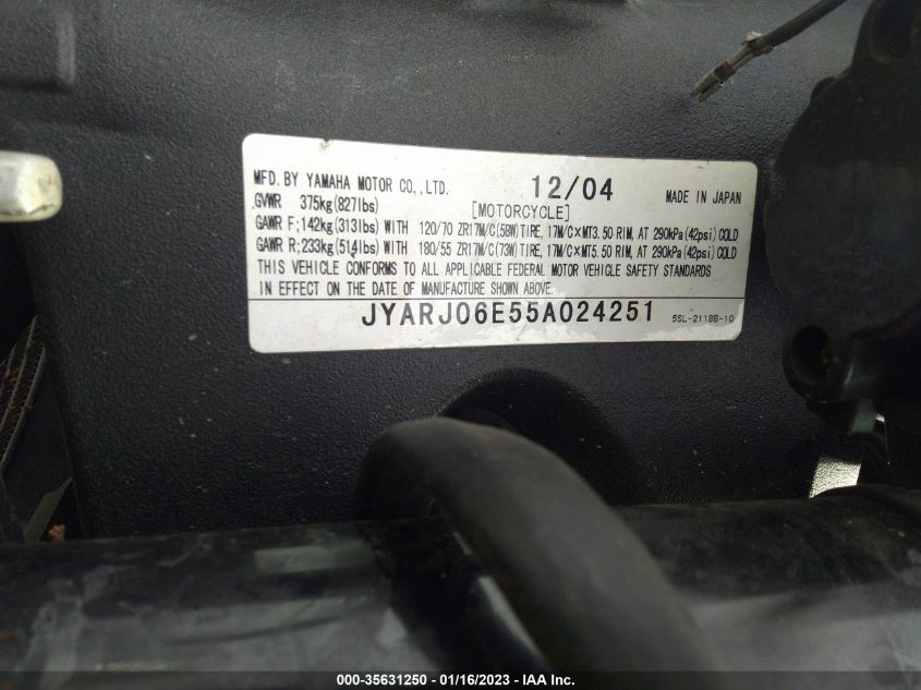 2005 YAMAHA YZFR6 L JYARJ06E55A024251
