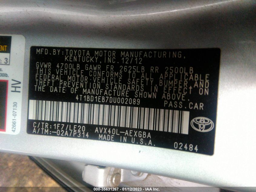 2013 TOYOTA AVALON HYBRID XLE PREMIUM 4T1BD1EB7DU002089