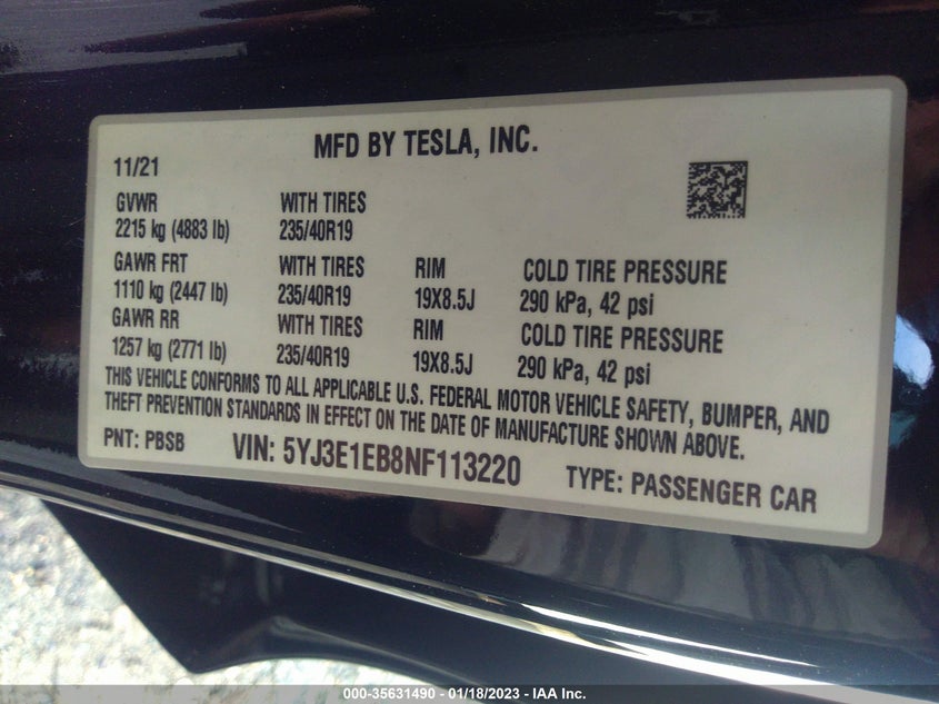 VIN 5YJ3E1EB8NF113220 2022 TESLA MODEL 3 LONG RANGE