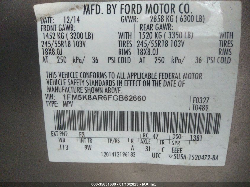 2015 FORD UTILITY POLICE 1FM5K8AR6FGB62660