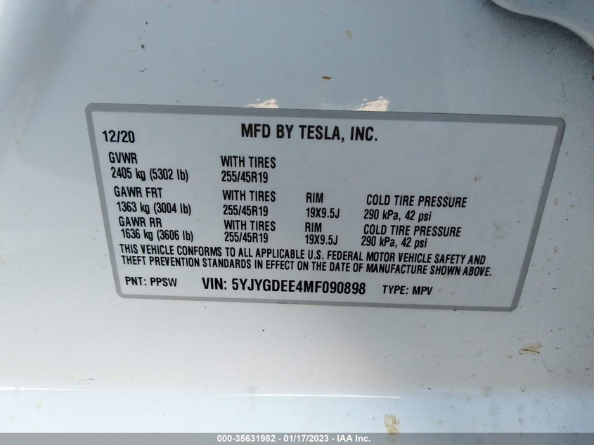 VIN 5YJYGDEE4MF090898 2021 TESLA MODEL Y LONG RANGE