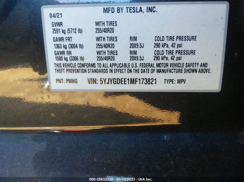 VIN 5YJYGDEE1MF173821 2021 TESLA MODEL Y LONG RANGE