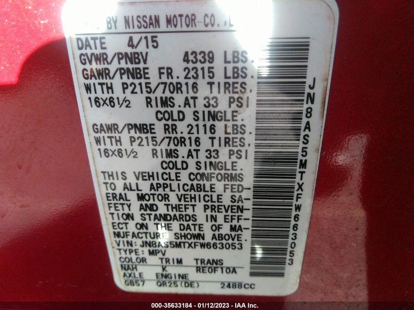 2015 NISSAN ROGUE SELECT S JN8AS5MTXFW663053