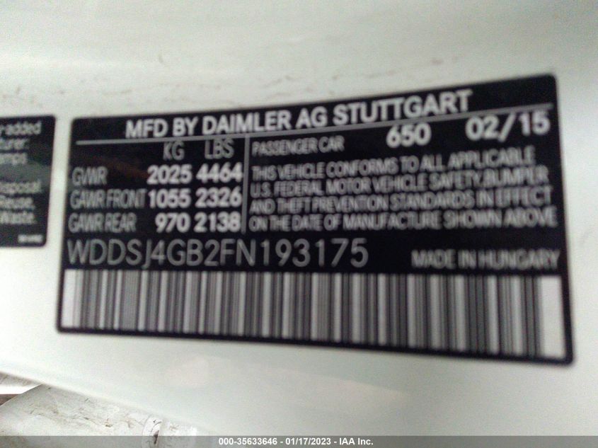 2015 MERCEDES-BENZ CLA-CLASS CLA 250 WDDSJ4GB2FN193175