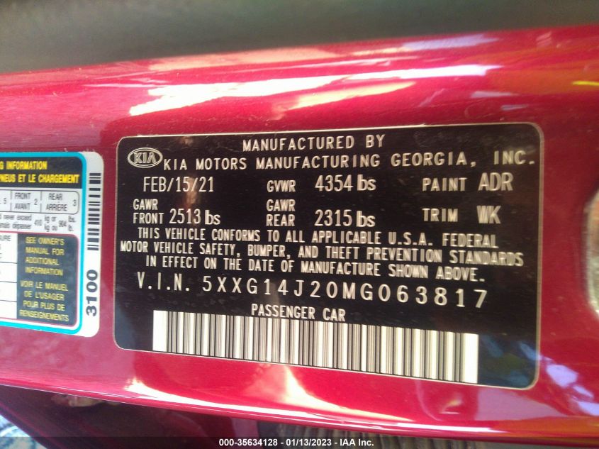 2021 KIA K5 LXS 5XXG14J20MG063817