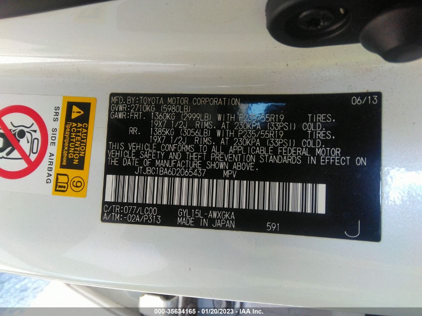 2013 LEXUS RX 450H JTJBC1BA6D2065437