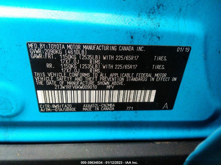 2019 TOYOTA RAV4 XLE 2T3W1RFV6KW009010