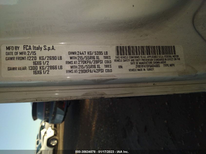 2015 RAM PROMASTER CITY CARGO VAN TRADESMAN ZFBERFAT0F6A04665