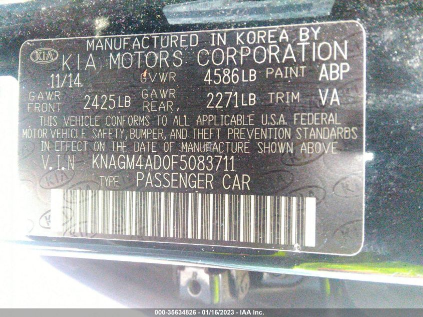 2015 KIA OPTIMA HYBRID KNAGM4AD0F5083711