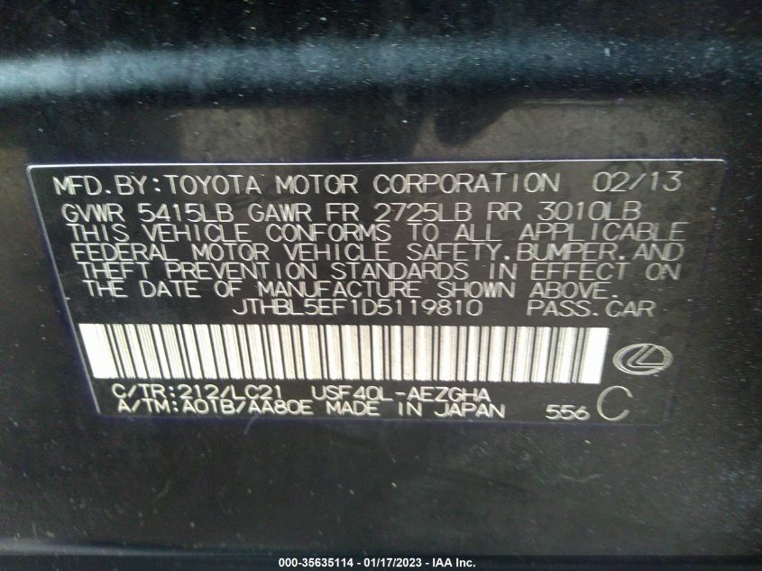 2013 LEXUS LS 460 - JTHBL5EF1D5119810