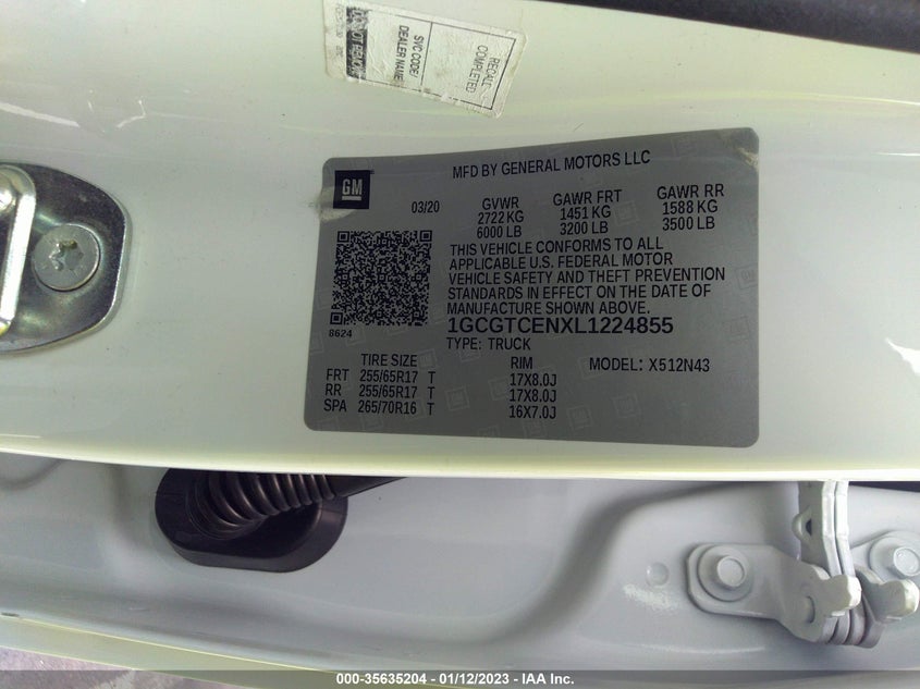VIN 1GCGTCENXL1224855 2020 CHEVROLET COLORADO 4WD LT