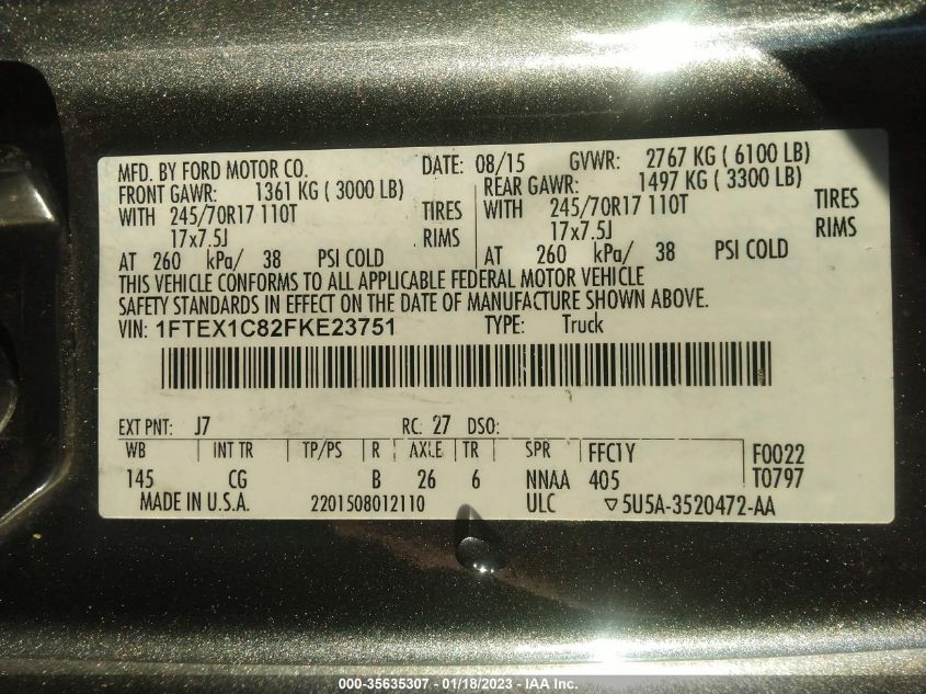 2015 FORD F-150 XL/XLT 1FTEX1C82FKE23751