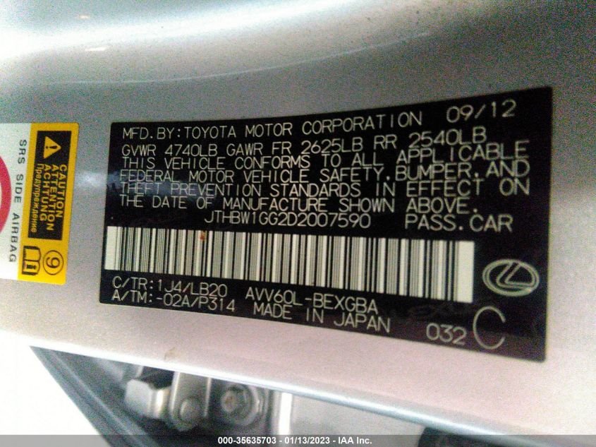 2013 LEXUS ES 300H HYBRID JTHBW1GG2D2007590