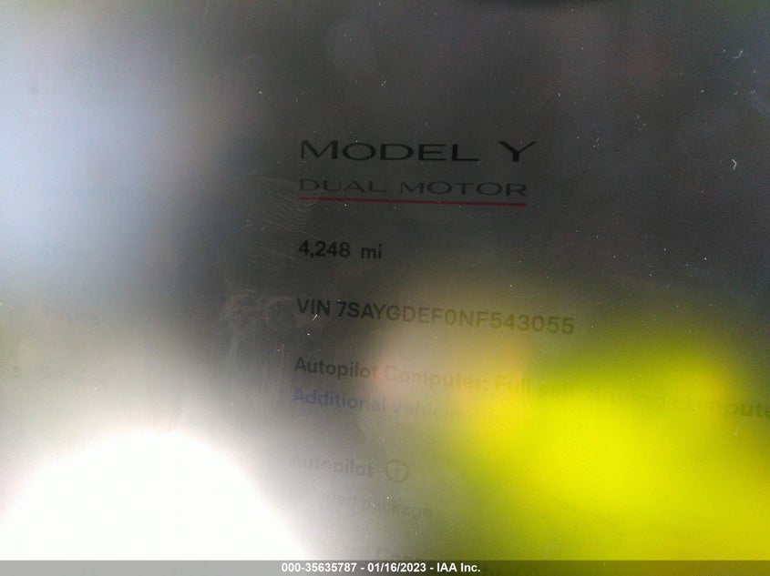 VIN 7SAYGDEF0NF543055 2022 TESLA MODEL Y PERFORMANCE