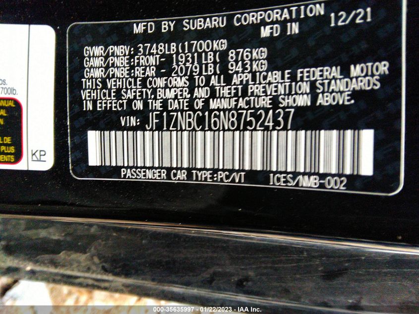 2022 TOYOTA GR86 JF1ZNBC16N8752437