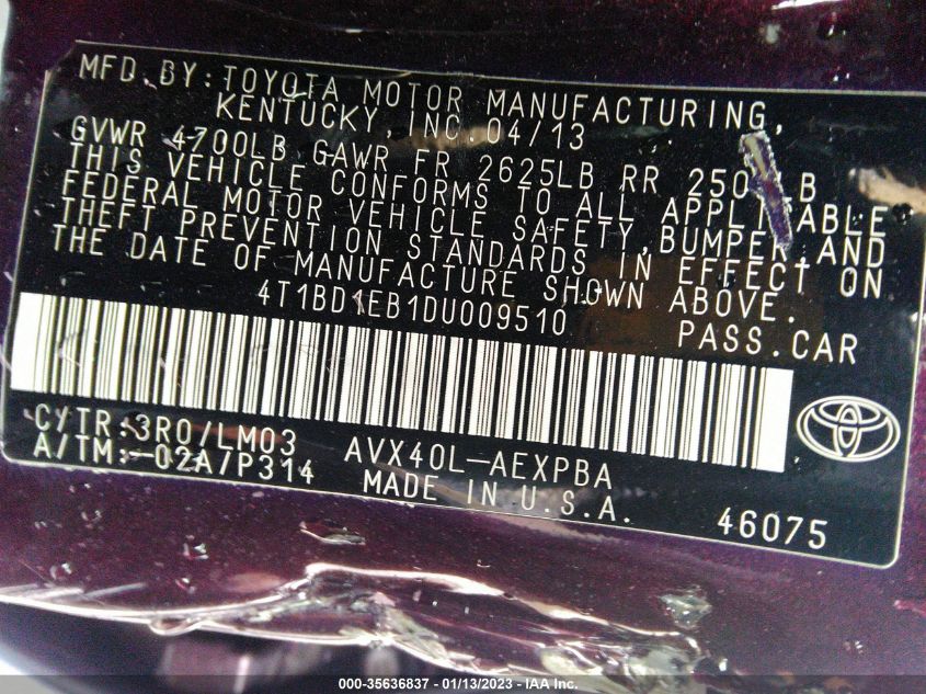 2013 TOYOTA AVALON HYBRID XLE PREMIUM 4T1BD1EB1DU009510