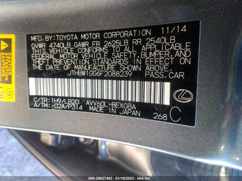 2015 LEXUS ES 300H HYBRID JTHBW1GG6F2088239