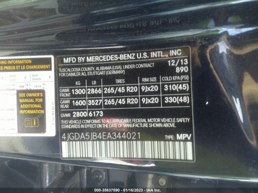 2014 MERCEDES-BENZ M-CLASS ML 350 4JGDA5JB4EA344021