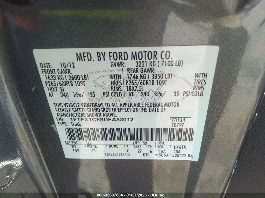 2013 FORD F-150 XL/STX/XLT/FX2/LARIAT - 1FTFX1CF8DFA53012