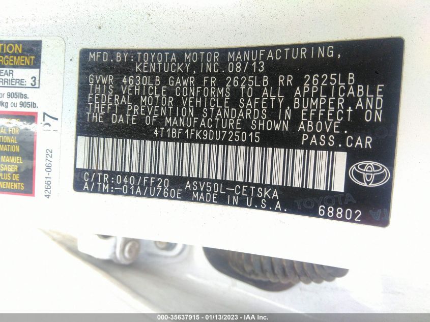 2013 TOYOTA CAMRY L/LE/SE/XLE - 4T1BF1FK9DU725015