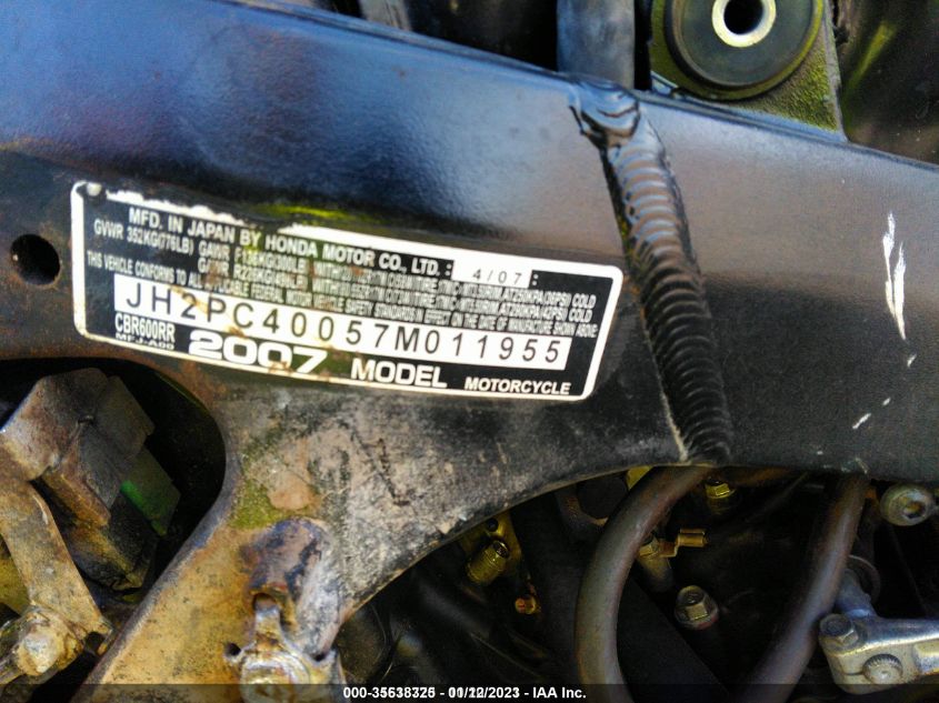 2007 HONDA CBR600 RR JH2PC40057M011955