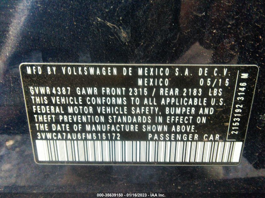 2015 VOLKSWAGEN GOLF SPORTWAGEN TDI S 3VWCA7AU6FM515172