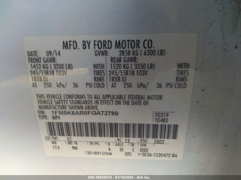 2015 FORD UTILITY POLICE 1FM5K8AR0FGA72789