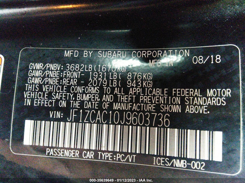 VIN JF1ZCAC10J9603736 2018 SUBARU BRZ LIMITED