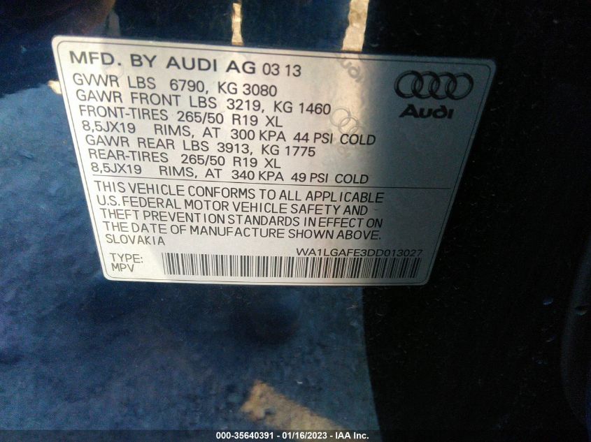 2013 AUDI Q7 3.0T PREMIUM PLUS WA1LGAFE3DD013027